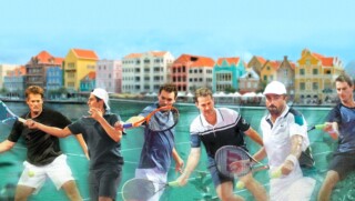 Curacao Tennis Legends2018 vlnr Wayne Ferreira - Nicolás Lapentti - Sjeng Schalken - Jacco Eltingh - Henri Leconte - Paul Haarhuis