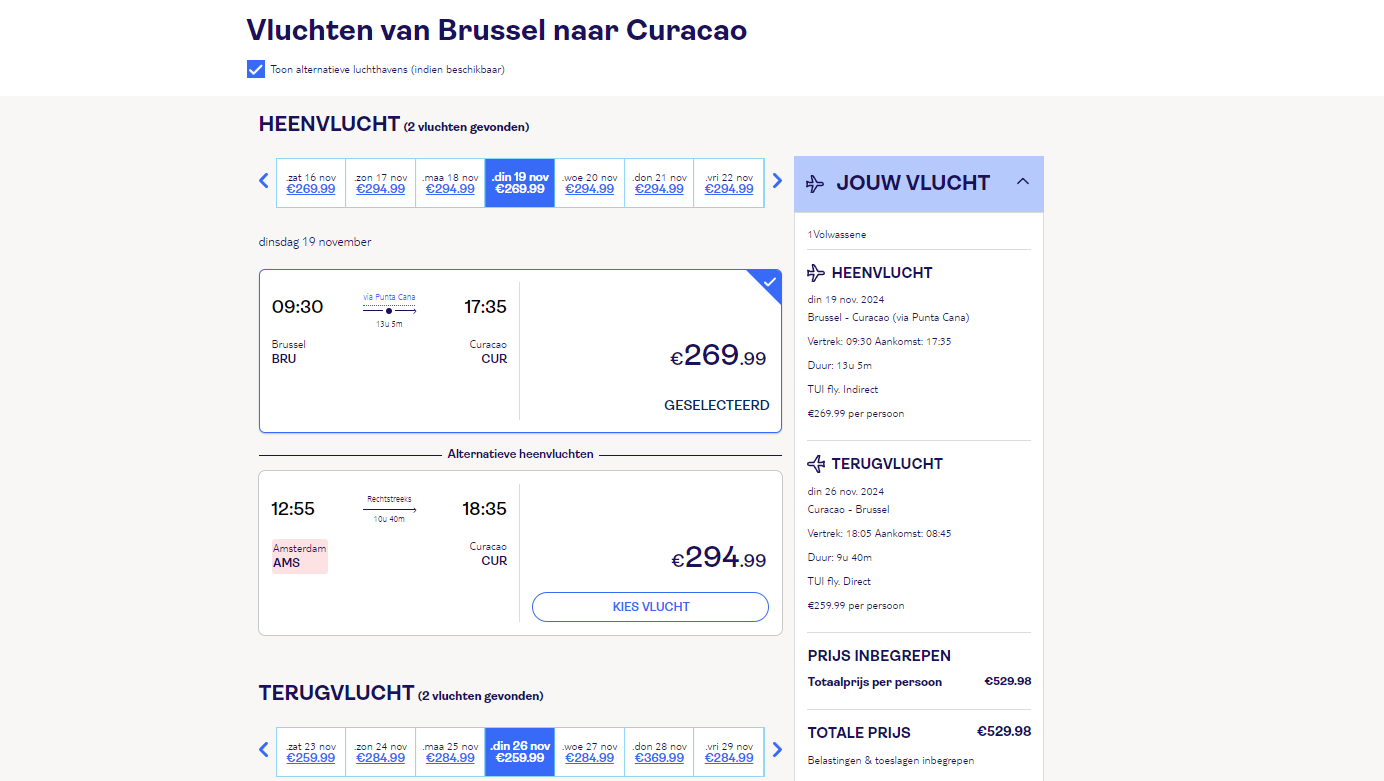 Boek nu een vliegticket van Brussel naar Curaçao voor 530 euro per persoon retour